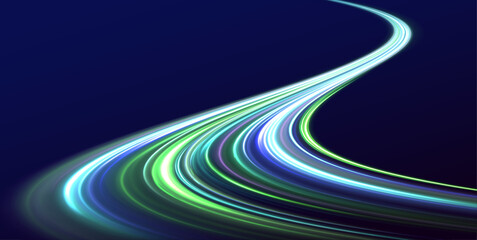Fototapete - Racing cars dynamic flash effects city road with long exposure. Neon color glowing lines background, high-speed light trails effect. Beautiful glow light flare and spark. 