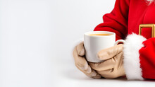Christmas Mockup Santa's Hand Holding White Cup On White Background. Generated AI