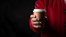 Santa Claus Holds Paper Cup On Black Background. Generated AI