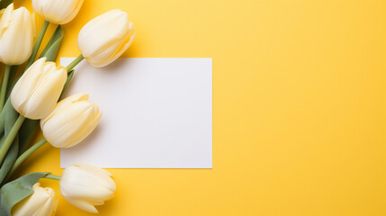 Poster - A white card surrounded by yellow tulips on a yellow background, Generative AI