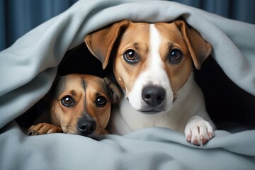 Canvas Print - Mother dog and her puppy son together under a blanket on the bed, both looking at the camera,