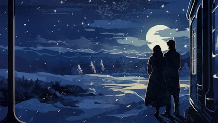 Wall Mural - Winter, snow, love, man and woman A man and a woman observe a night winter landscape from a train window. Night trip - Seamless loop animation, created using AI Generative Technology