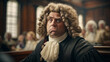 A man, dressed as a lawyer with a wig, is in a courtroom setting.