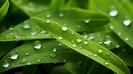 Wall Mural - water drops on green leaf, close-up of water droplets from irrigation on leaves