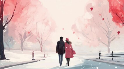 Wall Mural - Winter, snow, love, man and woman Beautiful couple in winter park with snow. - Seamless loop animation, created using AI Generative Technology