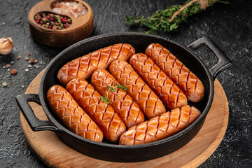 Poster - Raw bavarian sausages with spice and herbs in pan. Food recipe background. Close up