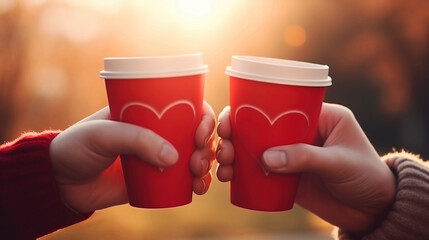 Close up of hands holding two red paper coffee cups with heart on blurred background. Love, valentine concept.