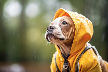 french bulldog dog wearing yellow rain jacket in the rain