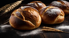 Bread Buns, Wheat Ears And Flour On Wooden Table Over Dark Black Rustic Background, Delicious Freshly Baked Sourdough Breads Closeup. Generative Ai