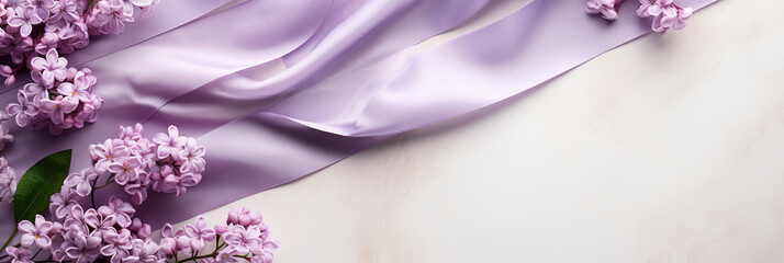 Wall Mural - Mockup image close up lilac flowers and silk on fabric background. Banner, card, invitation and branding design concept