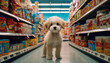 Cute funny dog in grocery store shopping in supermarket. puppy dog sitting in a shopping cart on blurred shop mall background. Concept for animal pets groceries,delivery,shopping background
