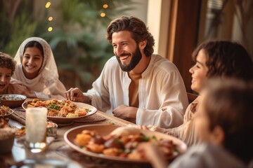 Muslim family enjoying a festive meal, Ramadan celebrations.