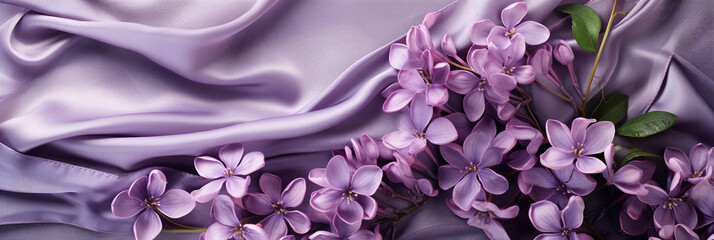 Wall Mural - Close up lilac flowers and ribbon on silk background. Flat lay top view composition with copy space for banner, card, wedding