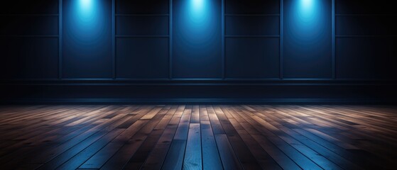 Wall Mural - wood floor with dark black wall with blue lighting