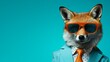 Dapper fox adorned in chic sunglasses, posed against a vibrant azure backdrop