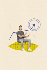 Poster - Vertical collage poster image young successful man pointing arrow progress achieve target business strategy income profit