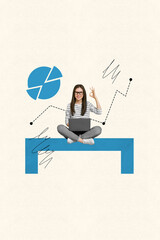 Aufkleber - Vertical creative minimal photo collage of young woman work browsing online sitting with laptop show okay gesture on drawing background