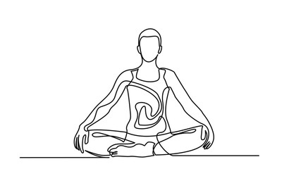 Wall Mural - Continuous line drawing of yoga. women sitting yoga pose lotus. a woman sitting cross-legged meditating on a white background. concept of yoga, meditation, healthy body, and relaxation.
