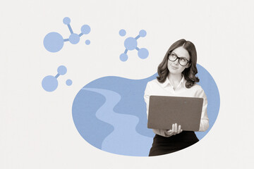 Poster - Collage picture poster of successful woman working thinking solving task isolated on painted background