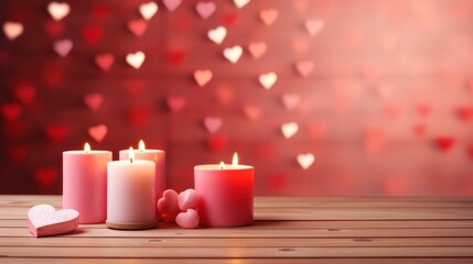 Pink wooden background with red hearts, gifts and candles. Valentine's Day concept.