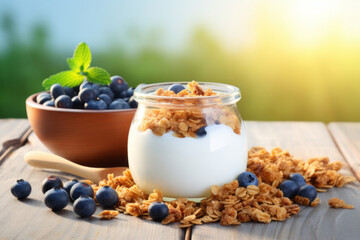 Wall Mural - Yogurt with blueberries and granola in glass jar on wooden table