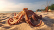 Close - up photo of an octopus on a sandy beach bathed in the soft morning sunlight