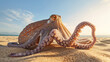 Close - up photo of an octopus on a sandy beach bathed in the soft morning sunlight