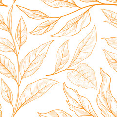 Wall Mural - Floral seamless pattern. Branch with leaves autumn texture. Flourish nature summer garden textured leaves. Drawn line art sketch background