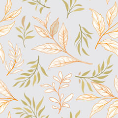 Wall Mural - Floral seamless pattern. Branch with leaves gentle autumnal texture. Flourish nature summer garden textured leaves background