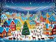 Winter town with Christmas tree on city square by different types of animals, with lights, with many colors and snow, hand drawn