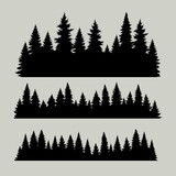 Fototapeta Las - Vintage trees and forest silhouettes set, black pine woods design on white background