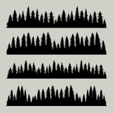 Fototapeta Las - Vintage trees and forest silhouettes set, black pine woods design on white background