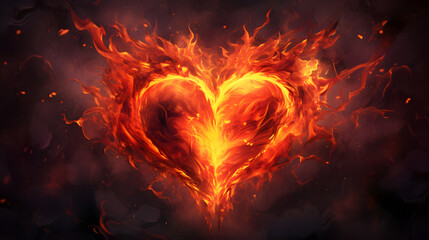 Wall Mural - Fire flame heart shape isolated on black background