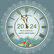 Merry Christmas and Happy New Year 2024. Background with clock and festive decoration for winter holidays. Vector illustration