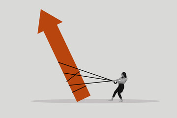 Poster - Picture collage image of strong purposeful girl pulling huge arrow isolated on drawing background