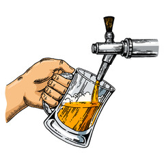 Wall Mural - Man pours beer into glass from beer tap engraving sketch style hand drawn color vector illustration. Scratch board style imitation. Hand drawn image.