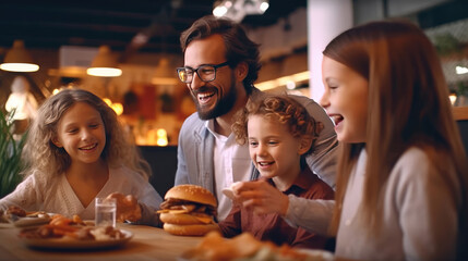 Wall Mural - Happy family eating cheese burger in the restaurant