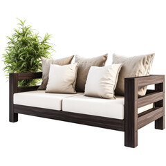 Garden sofa made of dark brown wood with light beige square pillows, isolated on transparent background