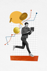 Poster - Vertical photo collage of young guy man hard work run walk go hold computer laptop hurry success growth income chart up coins