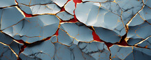 Kintsugi, Illustration Of Scarlet Red & Ice Blue Marble Texture Background With Wavy Cracked Gold Details 
