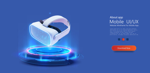 Fototapete - Blue glowing dots ring on floor. Circle podium or teleport. Futuristic Virtual Reality Headset Display with Interactive Holographic Interface. Vector illustration
