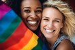 Beautiful Lesbian Couple holding rainbow flag as symbol for pride month LGBTQ. Generative AI
