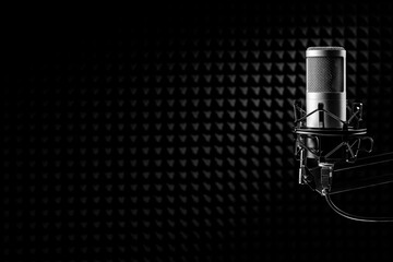 Wall Mural - Professional microphone on the black acoustical wall panel. Recording studio, copy space.