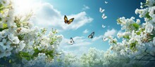 Beautiful Butterflies Gracefully Float On White Flowers, Amidst Lush Green Nature, Under A Bright Sunlit Sky