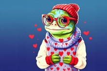 Cute Cartoon Anthropomorphic Frog Wears A Red Sweater With Hearts And Glasses, Valentine's Day Card