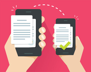 Poster - Data file transfer via 2 mobile cell phones icon vector graphic illustration, wireless document exchange between cellphones smartphones digital virtual service image clipart