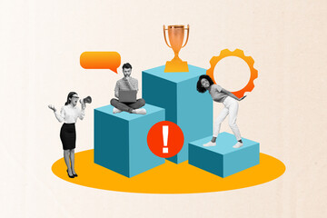 Poster - Creative collage picture of black white colors people scream loudspeaker hold cogwheel gear use netbook winner trophy cup exclamation mark error
