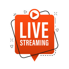 Poster - Live streaming logo - red vector design element with play button for news and TV or online broadcasting, speech bubble. Vector illustration