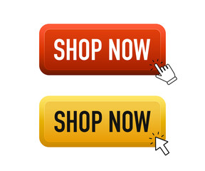 Poster - Buy now button with shopping cart. Shop now. Modern collection for web site. Online shopping. Click here button with hand pointer clicking. Web elements. Button for UI UX, website. Vector illustration
