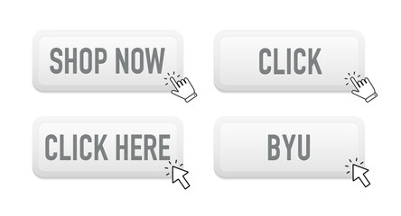 Poster - Click here web buttons. Set of action button, hand cursor and arrow pointing click link buttons. Add to cart, shop now buttons. Web elements. Button for UI UX, website. Vector illustration